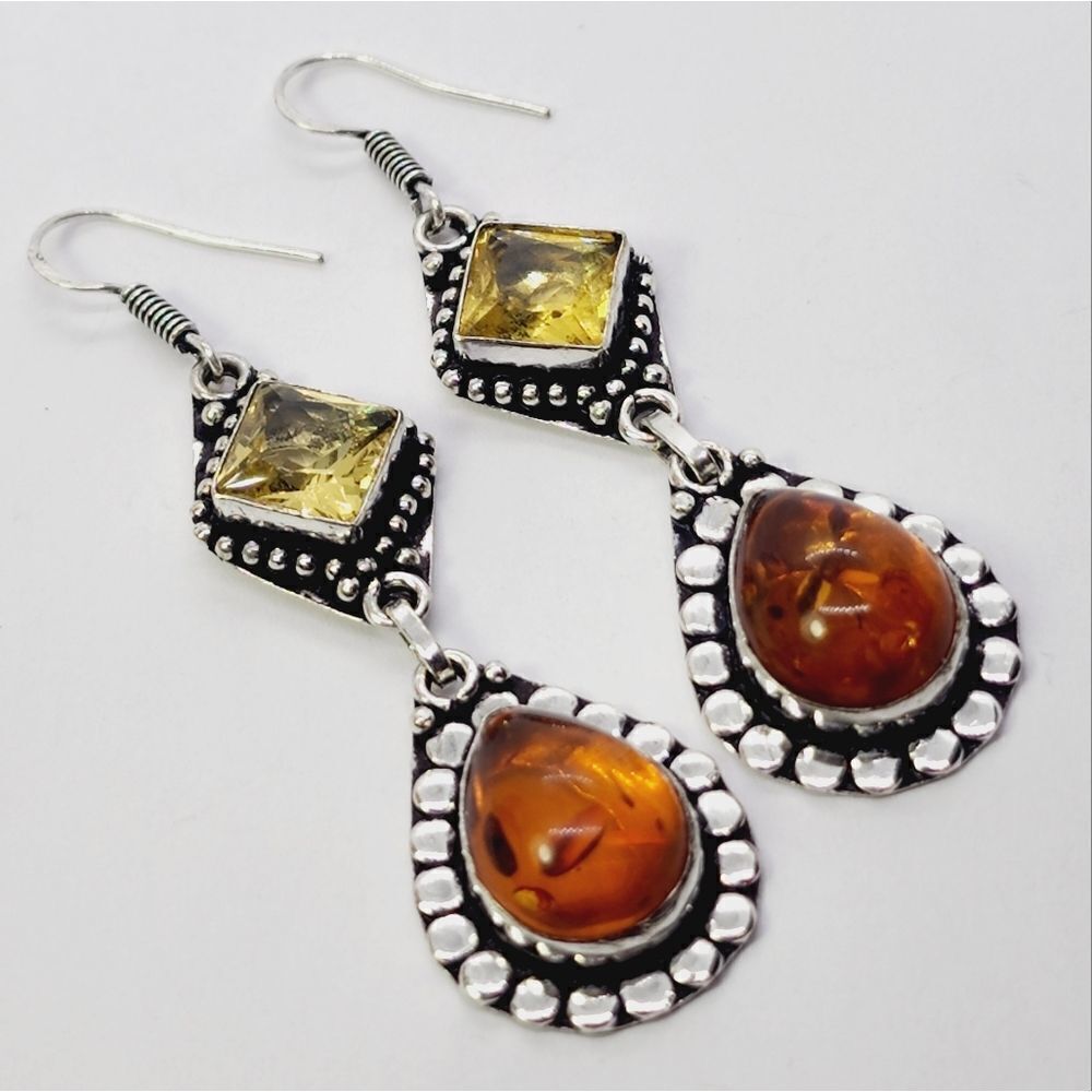 Amber Citrine 925 Silver Plated Handmade Drop Dangle Earrings Jewelry 2.4" - Picture 4 of 5